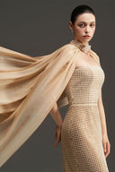 Pearl Square Mesh Lace Column Gown with Silk Shawl for women, from IHF STUDIO, The Viet Concept 