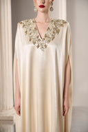 GVLUX • Imperial Aura Embroidered Silk Denim Kaftan Gown