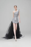 Clairvoyance Silver Sequin Tulle Train Asymmetric Dress for women, from SORAMAME, The Viet Concept