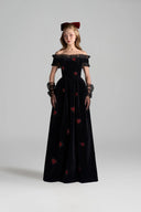 IHF STUDIO • Noir Velvet Ruffle Maxi Dress with Heart-Shaped Crystal Embellishment