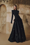 L' SCARLETT • Long-Sleeve Crystal Heart Open-Back Fringe Jacquard Maxi Dress