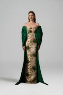 IHF ATELIER • Emerald Rose Brocade Draped Off-Shoulder Column Gown