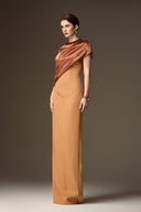 IHF ATELIER • Brown Satin Silk Asymmetric Cape Column Gown
