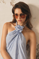 XITA • Azure Striped Linen Halter Mini Dress