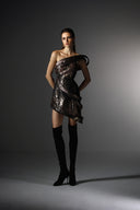 Afterimage Copper Asymmetrical One-Shoulder Brocade Mini Dress for women, from SORAMAME, The Viet Concept
