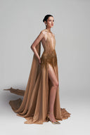 Gold Beaded Fringed Chiffon Isabella Gown For Women, from DUONG ATELIER, The Viet Concept