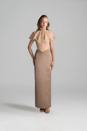 IHF STUDIO • Vine Guipure Lace & Silk Taffeta Bustier Midi Dress with Mini Cape