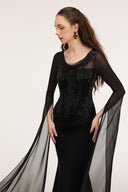21SIX • Safiya Crepe & Chiffon Beaded Cape Evening Gown