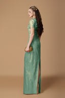 Metallic Silk Trapeze Neck Column Evening Gown for women, from IHF ATELIER, The Viet Concept