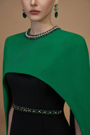 Embellished Round Neck Column Crepe Gown Cape Sleeves Black & Green for women, from IHF ATELIER, The Viet Concept