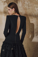 L' SCARLETT • Long-Sleeve Crystal Heart Open-Back Fringe Jacquard Maxi Dress