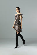 Afterimage Copper Asymmetrical One-Shoulder Brocade Mini Dress for women, from SORAMAME, The Viet Concept
