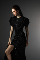 Black Silk Rhinestone Embellished Mullet Hem Dress for women, from SORAMAME The Viet Concept
