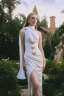 Ariane Silk Corset Slit Evening Gown with Scarf Neck for women, from LINH PHUNG, The Viet Concept