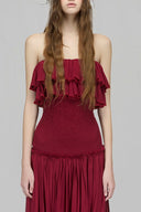 Veloura Burgundy Off-Shoulder Ruffled Maxi Dress for women, from DAS LA VIE, The Viet Concept 