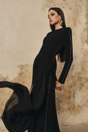 L' SCARLETT • Midnight Draped Silk-Crepe Crystal High-Neck Maxi Dress
