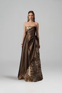IHF ATELIER • Rose Branch Brocade Bustier A-Line Gown With Draped Cape