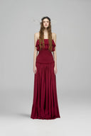 Veloura Burgundy Off-Shoulder Ruffled Maxi Dress for women, from DAS LA VIE, The Viet Concept 