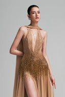 Gold Beaded Fringed Chiffon Isabella Gown For Women, from DUONG ATELIER, The Viet Concept