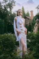 Ariane Silk Corset Slit Evening Gown with Scarf Neck for women, from LINH PHUNG, The Viet Concept