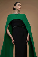 Embellished Round Neck Column Crepe Gown Cape Sleeves Black & Green for women, from IHF ATELIER, The Viet Concept