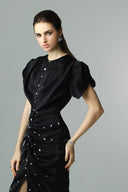 Black Silk Rhinestone Embellished Mullet Hem Dress for women, from SORAMAME The Viet Concept