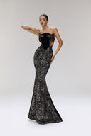 Fiamma Gilded Tweed Velvet Strapless Cut-Out Maxi Dress for women, from SORAMAME, The Viet Concept