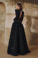 L' SCARLETT • Long-Sleeve Crystal Heart Open-Back Fringe Jacquard Maxi Dress