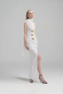Ariane Silk Corset Slit Evening Gown with Scarf Neck for women, from LINH PHUNG, The Viet Concept