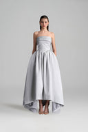 IHF STUDIO • Light Grey Silk Taffeta Crystal Embellished Mullet A-Line Dress