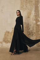 L' SCARLETT • Midnight Draped Silk-Crepe Crystal High-Neck Maxi Dress