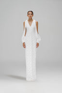 Metog White Glitter Lace Sequin Chiffon Maxi Dress for women, from SORAMAME, The Viet Concept