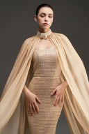 Pearl Square Mesh Lace Column Gown with Silk Shawl for women, from IHF STUDIO, The Viet Concept 