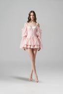 LINH PHUNG • Calla Blush Pink Corset Mini Dress with Off-Shoulder Puff Sleeves