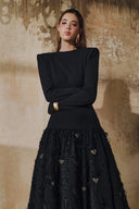 L' SCARLETT • Long-Sleeve Crystal Heart Open-Back Fringe Jacquard Maxi Dress