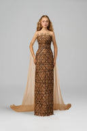 21SIX • Corinne Geometric Embellished Tulle Cape Evening Gown