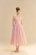 LINH PHUNG • Lullaby 3D Floral Appliqué Pleated Chiffon A-Line Midi Dress