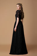 Black Guipure Lace Trapeze Neck A-Line Evening Gown for women, from IHF ATELIER, The Viet Concept