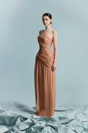 Hamo Asymmetric Crinkled Voile Dress In Warm Brown for women, from BYDI, The Viet Concept 