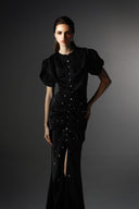 Black Silk Rhinestone Embellished Mullet Hem Dress for women, from SORAMAME The Viet Concept