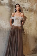 L' SCARLETT • Celestia 3D Crystal Floral Off-Shoulder Maxi Gown