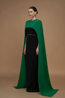 Embellished Round Neck Column Crepe Gown Cape Sleeves Black & Green for women, from IHF ATELIER, The Viet Concept