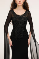 21SIX • Safiya Crepe & Chiffon Beaded Cape Evening Gown