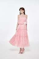 LUCILLA • Somi Floral Appliqué Pleated Chiffon Midi Dress