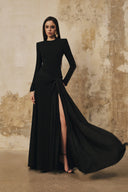 L' SCARLETT • Midnight Draped Silk-Crepe Crystal High-Neck Maxi Dress
