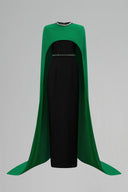 Embellished Round Neck Column Crepe Gown Cape Sleeves Black & Green for women, from IHF ATELIER, The Viet Concept