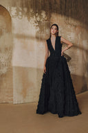 L' SCARLETT • Fringe Jacquard Layered Side-Panel V-Neck Maxi Dress