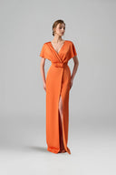 Orange Agate Silk V-Neck Slit Gown With Bow Detail for women, from IHF ATELIER, The Viet Concept