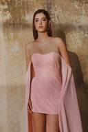 L' SCARLETT • Rosé Crystal-Embellished Pleated Off-Shoulder Chiffon Mini Dress