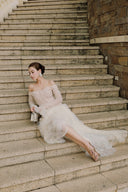 LINH PHUNG • Lacevé Couture Off-Shoulder Metallic Lace Evening Gown